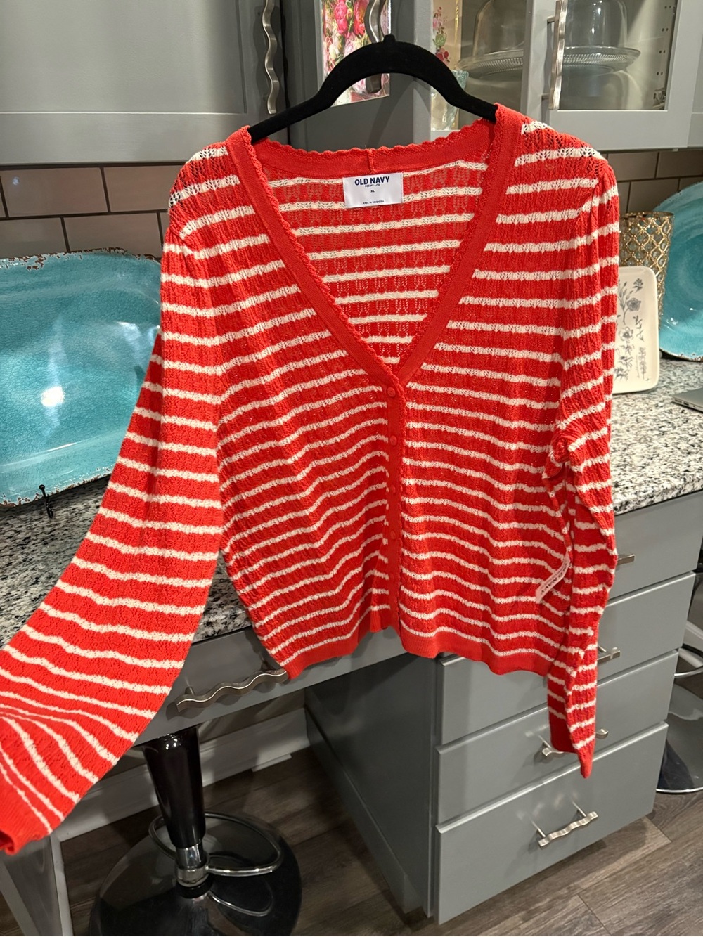 Old Navy Red and Cream Striped V-Neck Cardigan
